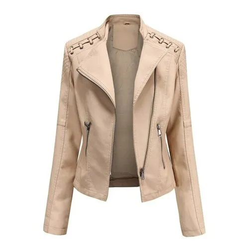 Autumn Women's Personality Faux Leather Jacket Long Sleeve Lapel Zip