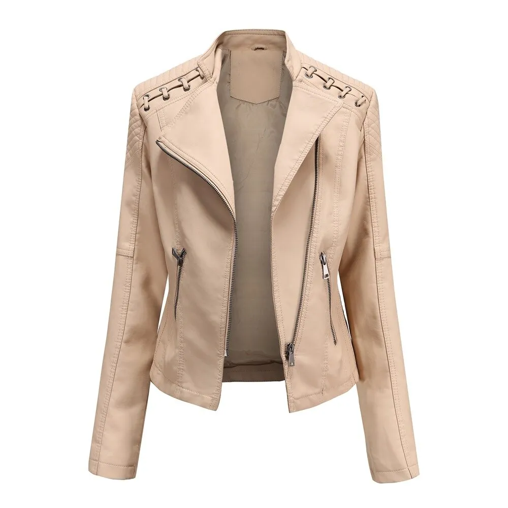 Autumn Women's Personality Faux Leather Jacket Long Sleeve Lapel Zip