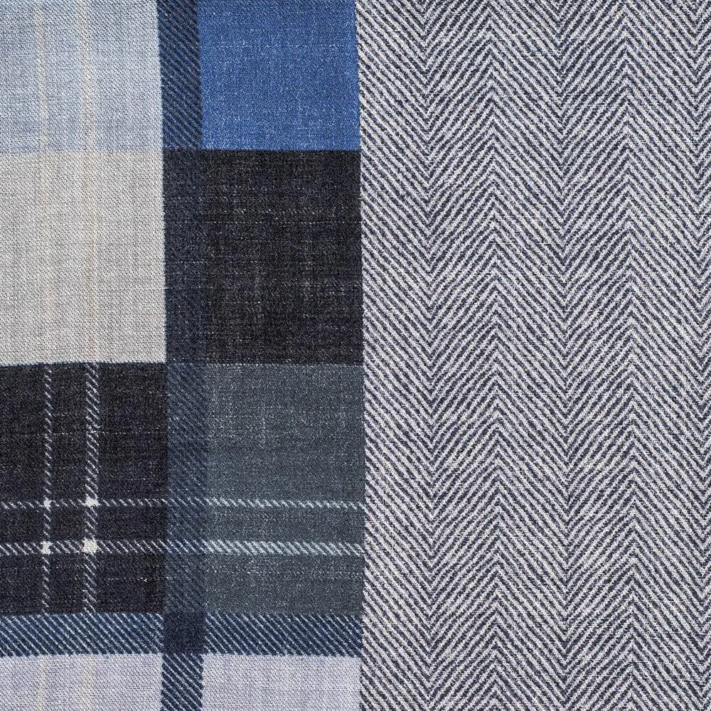 Blue Herringbone and Check Wool Scarf