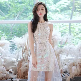 Elegant Halter Neck Iridescent Sequin High-Low Dress