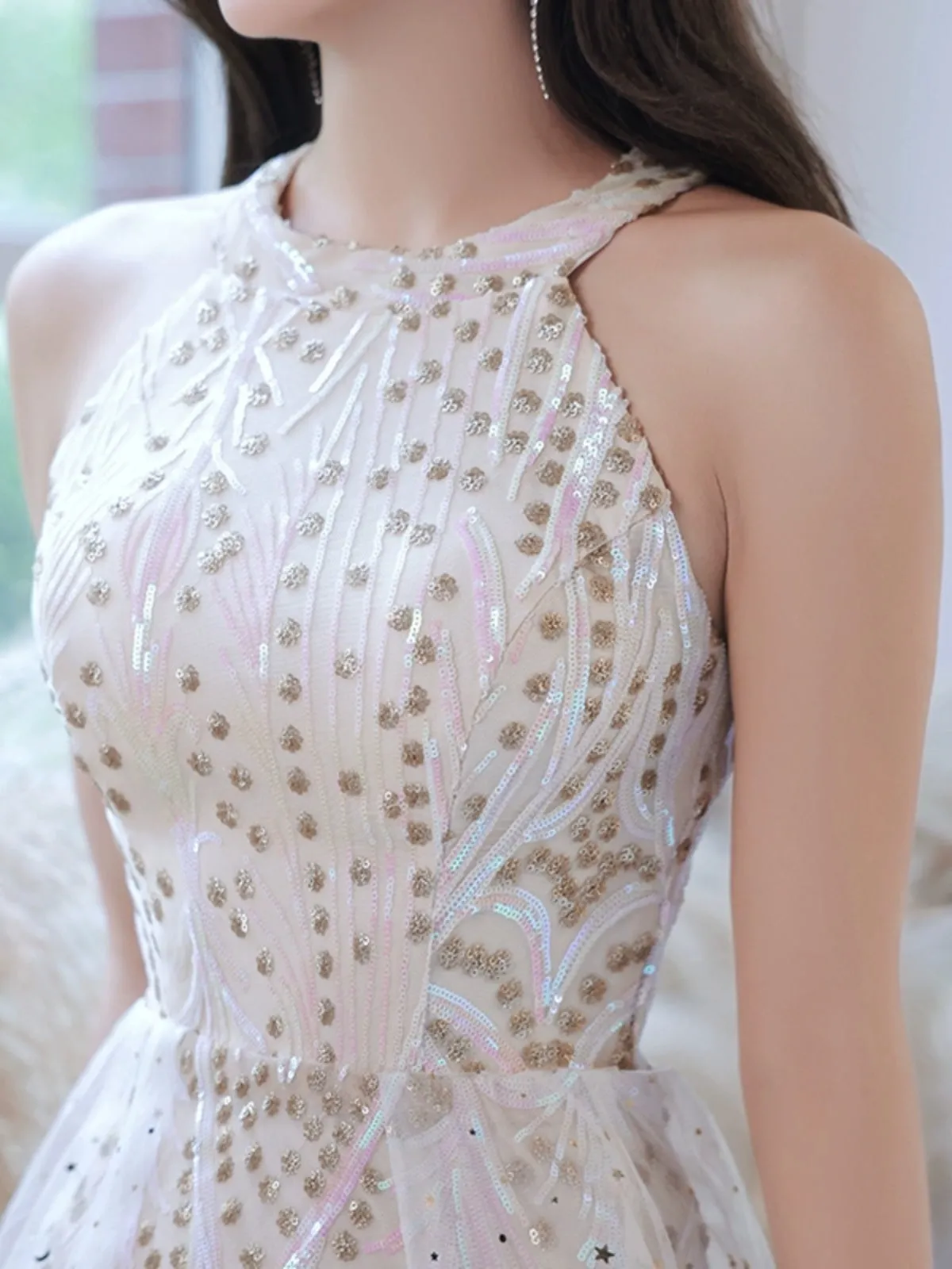 Elegant Halter Neck Iridescent Sequin High-Low Dress