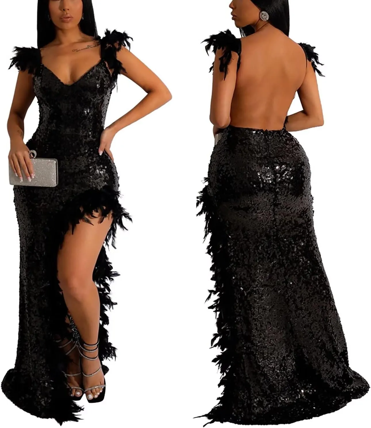 EM Spaghetti Strap V Neck Mesh See Through Gown