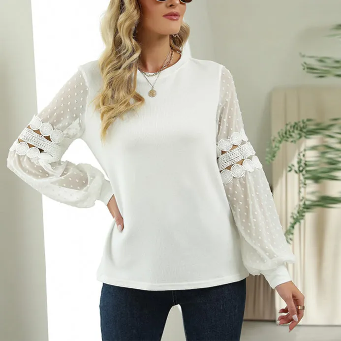 Fashion Puff Sleeve Lace Panel Shirts Chiffon Blouse Wholesale Womens Tops