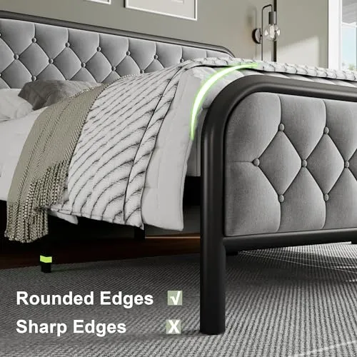 Feonase Queen Bed Frambede, Upholstered Metal Bed Frame with Diamond Tufted Headboard, Heavy Duty Metal Slats, 12" Storage Space, No Box Spring Needed, Easy Assembly, Gray
