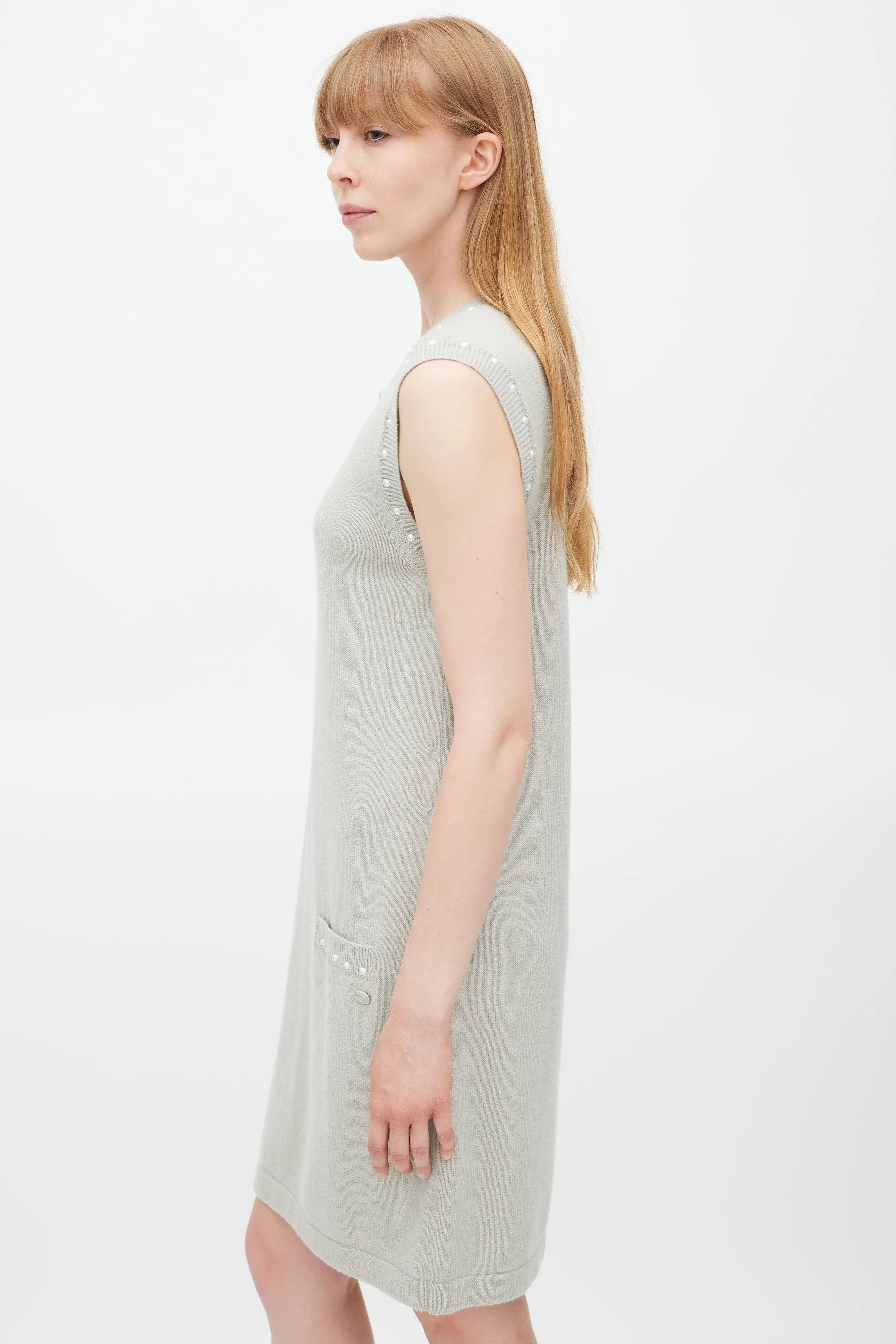 Grey Cotton & Cashmere Pearl Trimmed Dress