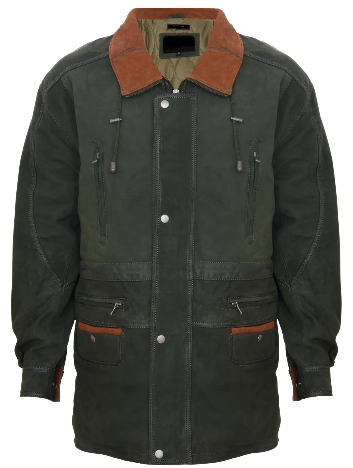 Men's Green Cow Hide Nubuck Suede Leather Jacket Parka