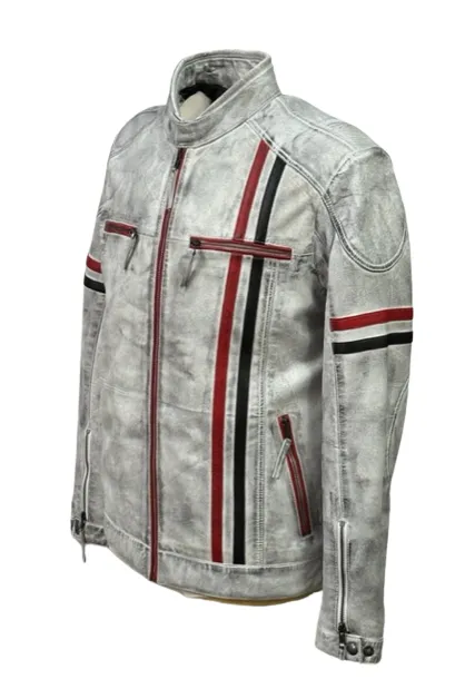 Men's Real Leather Jacket Motorcycle Band Collar Patch Fashion Biker Jacket1183-WHITE
