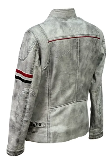 Men's Real Leather Jacket Motorcycle Band Collar Patch Fashion Biker Jacket1183-WHITE