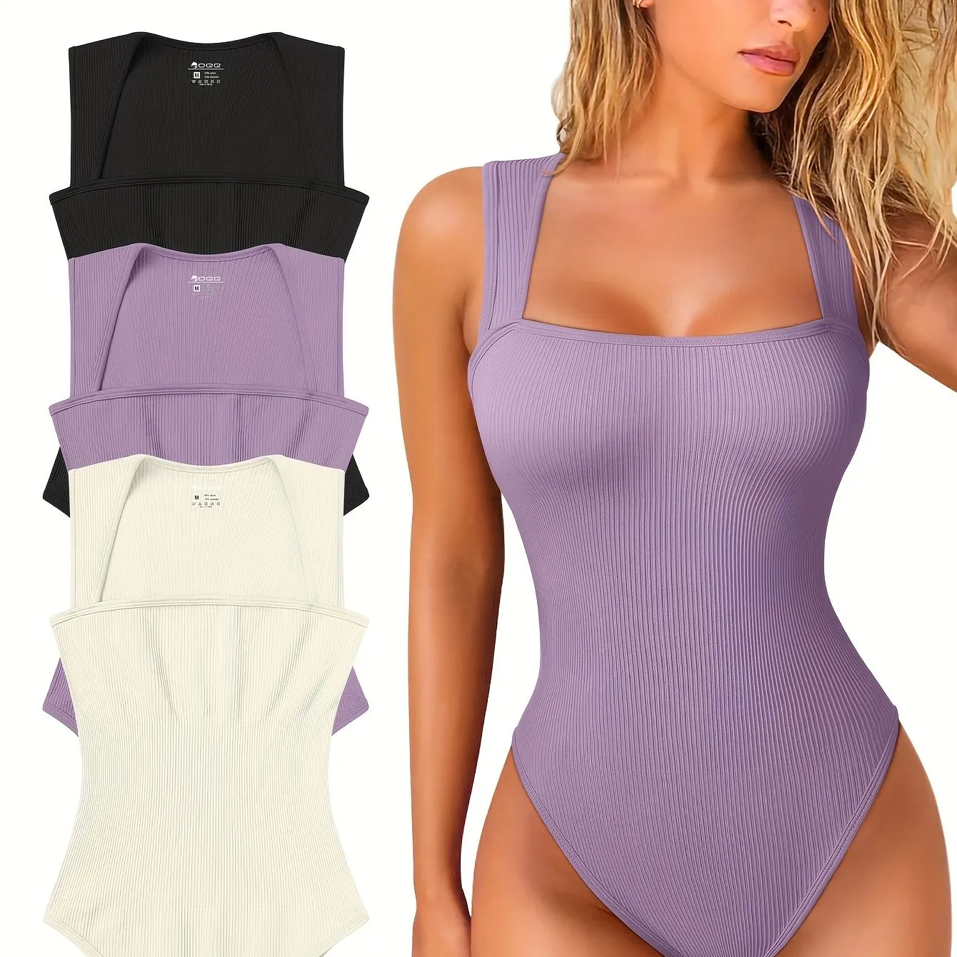 OQQ 3 Piece Bodysuits For Women Sexy Ribbed Strappy Square Neck Stretch Tank Tops Bodysuits
