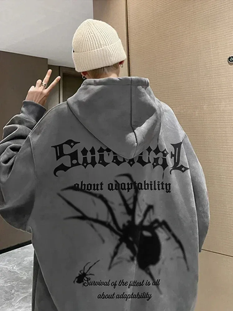 Riolio Autumn Gothic Spider Printed Hooded Sweatshirts Hombre Harajuku Streetwear Graphic Suede Hoodies Aesthetic Oversized Y2K Hoody