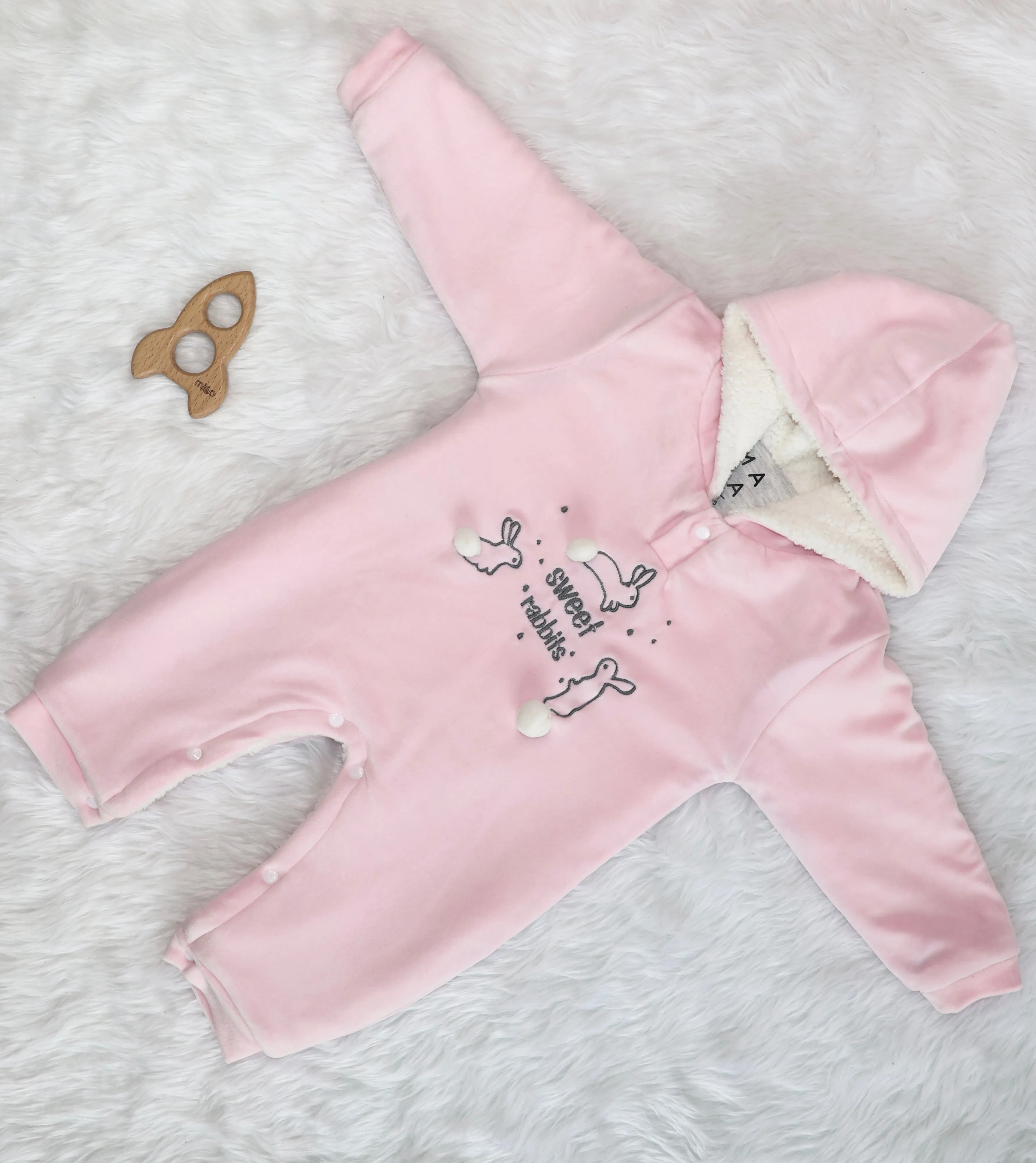 Sweet Rabbit Velvet Winter Romper with Sherpa - Pink