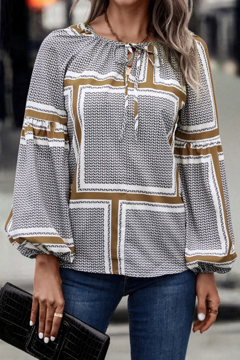 Trendy Balloon Sleeve Blouse Lace-Up Shirt Wholesale Womens Tops